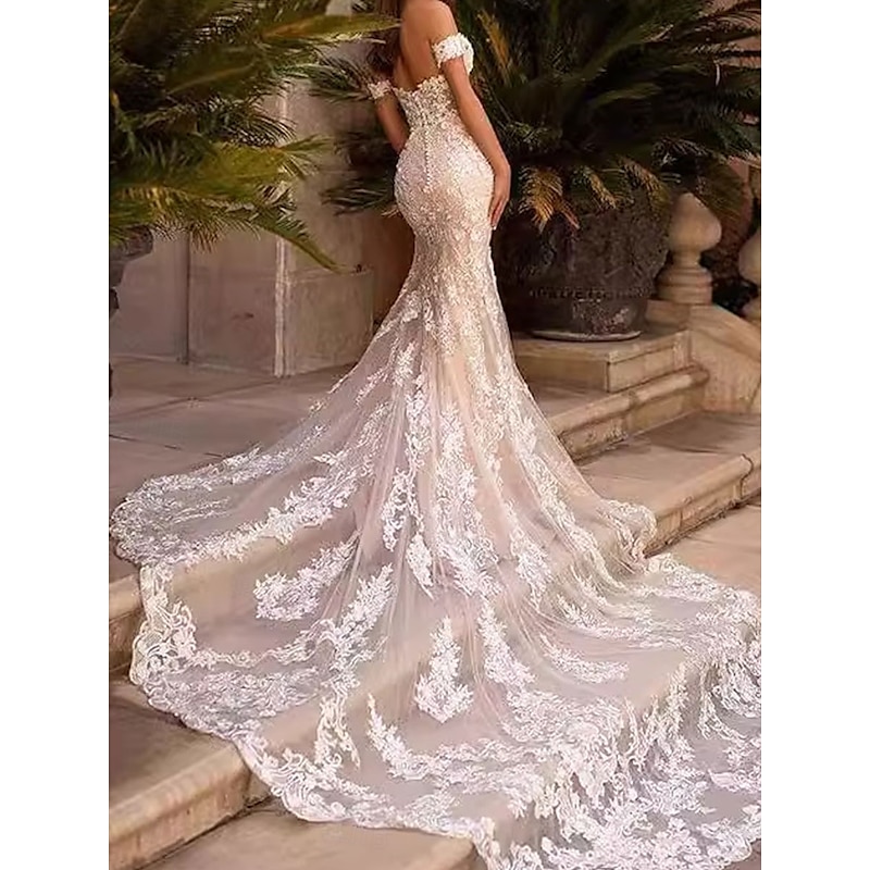 Wedding Dresses Mermaid / Trumpet Off Shoulder Sleeveless Court Train Tulle Bridal Gowns With Solid Color3
