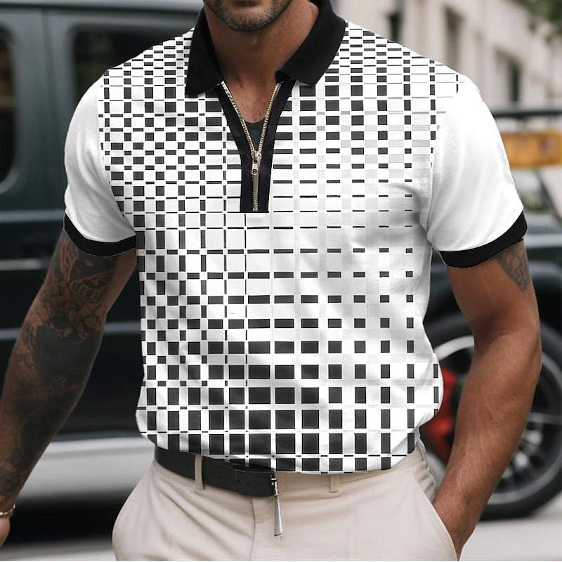 Men's Geometic Line Zip Polo Shirts Short Sleeve Polo Shirts Collared Shirts Business Casual Business Athleisure Wear to work Daily Wear 3D Print Summer Pink Blue Khaki