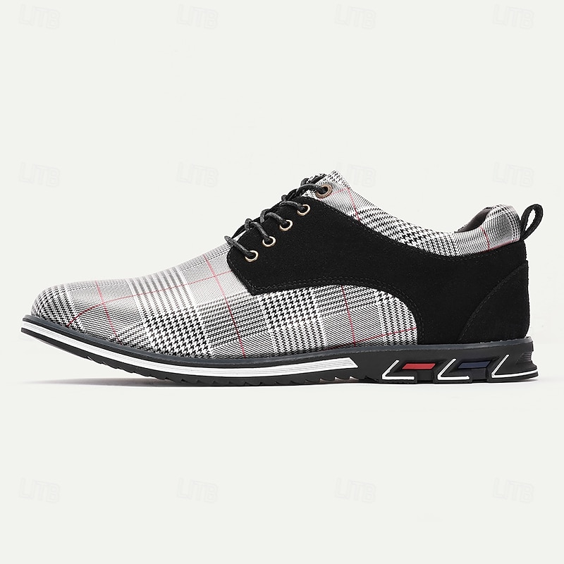 Men's Black and Grey Plaid Lace-Up Dress Shoes with Sporty Sole, Modern Casual Style for Daily Wear and Work4