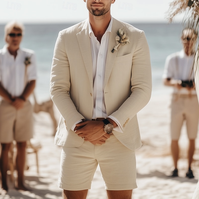 Men's Beach Wedding Linen Suits Notch Lapel Sky Blue Khaki Fashion Daily Solid Colored Standard Fit 2 Piece Single Breasted Two-buttons