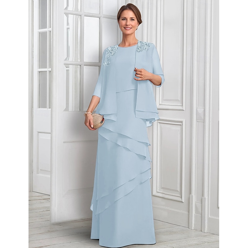 Two Piece A-Line Formal Suit Mother of the Bride Dress Elegant Sparkle & Shine Jewel Neck Floor Length Chiffon Half Sleeve with Buttons Appliques Flower