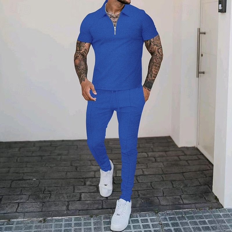 Men's T-shirt Suits Shirt and Pant Sets 2 Pieces Outfits Short Sleeve Quarter Zip Summer Plain Fashion Casual 2 Piece Vacation Daily Wear Going out Black White Royal Blue Top Tee for Men4