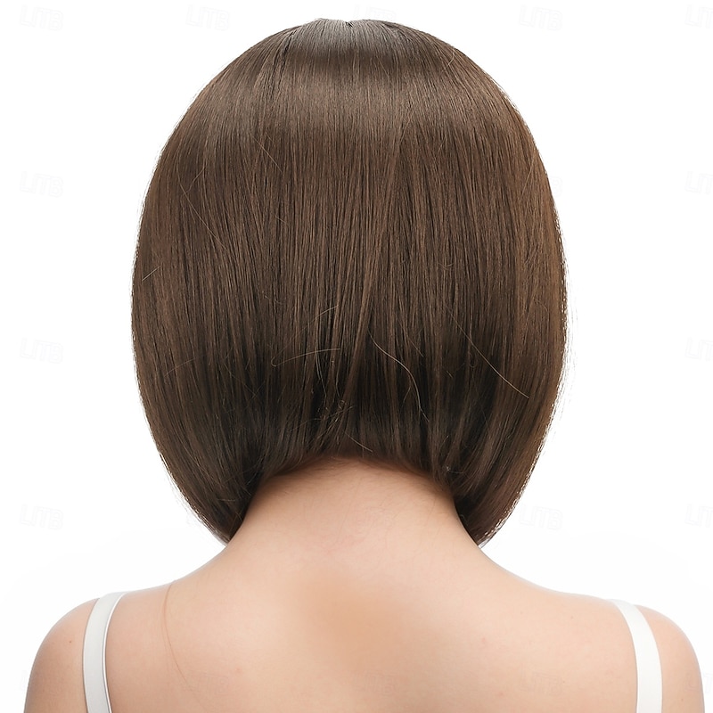 Synthetic Wig kinky Straight Yaki Straight Middle Part Neat Bang Machine Made Wig 12 inch A1 Synthetic Hair Women's Middle Part Classic Comfortable Light Brown4