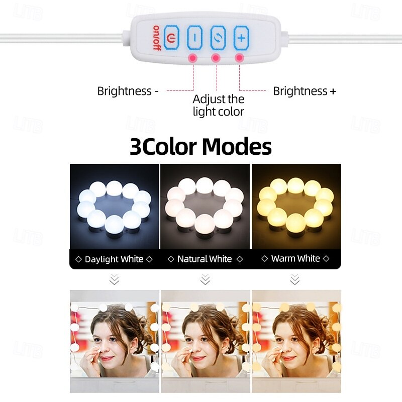 LED String Lights for Mirror Hollywood Style Vanity Lights with 10 bulbs 20 bulbs USB 3 Color Modes Dimmable Makeup Table Light for Dressing Room Bathroom3