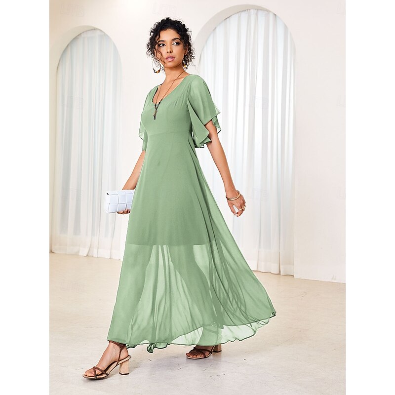 Women's Maxi Dress Elegant Flutter Sleeve Solid Blue Scoop Neck Cinched Waist Flowy Sheer Overlay Formal Event Party Summer All Sizes2