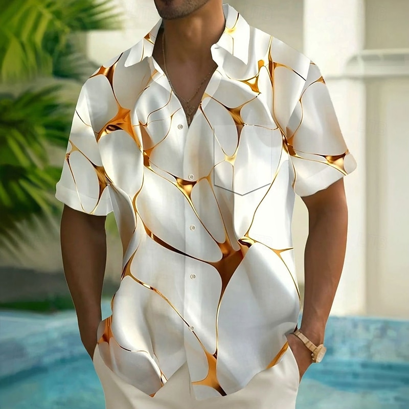 Men's Geometric Abstract Art Shirt Casual Shirt Button Up Shirt Short Sleeve Fashion Casual Vacation Holiday Streetwear Summer Spring Turndown 3D Print Collared Shirts Front One Pocket White