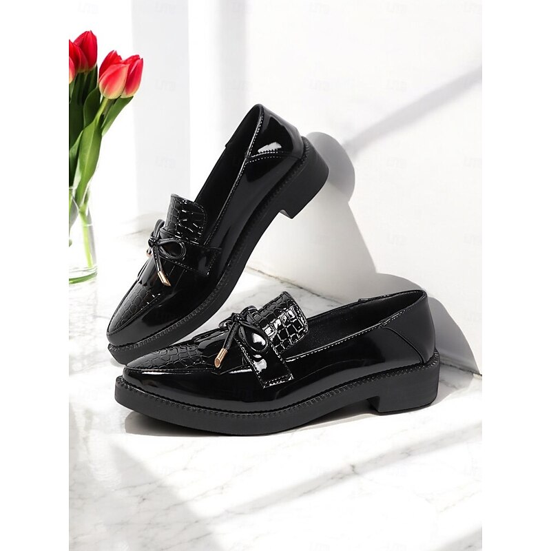Women's Patent Leather Loafers – Croc-Embossed Tassel Shoes for Students & Work Commute