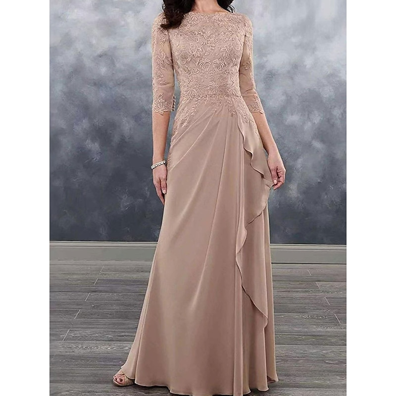 Dress Mother of the Bride Dress Wedding Guest Elegant Simple Crew Neck Floor Length Polyester 3/4 Length Sleeve with Lace Solid Color
