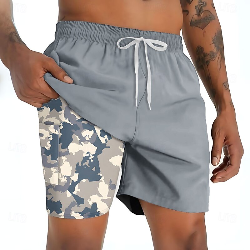 Men's Camouflage Lined Shorts 2 in 1 Board Shorts Swim Shorts Mid Waist Hawaiian Vacation Holiday Beach Wear Side Pockets With Compression Liner Elastic Drawstring Waist Designer Clothing Apparel4