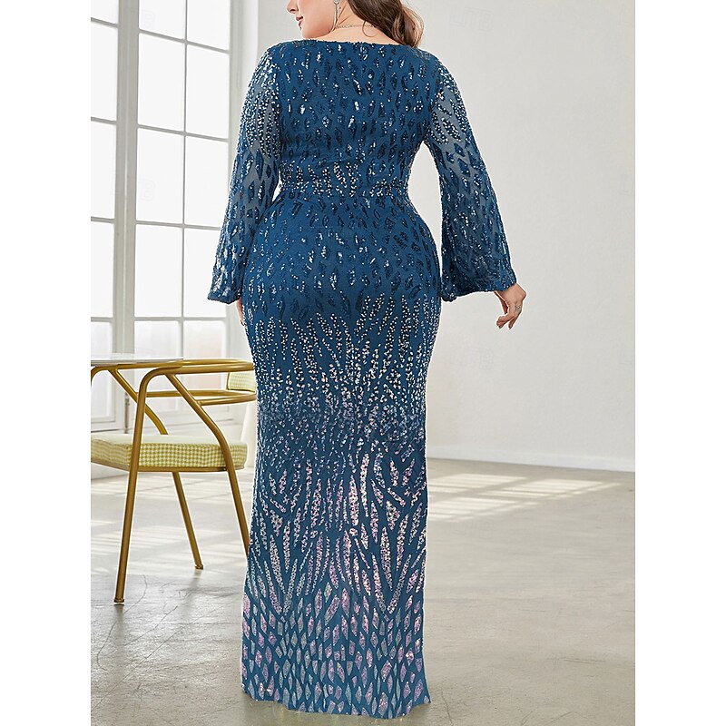 Plus Size Dress Mother of the Bride Curve Dress Elegant Party V Neck Floor Length Spandex Long Sleeve with Sequin4