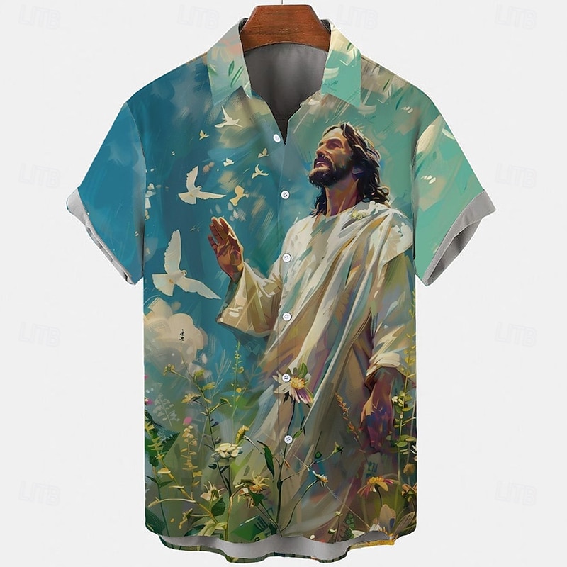 Easter Men's Jesus Pigeons Shirt Casual Shirt Button Up Shirt Short Sleeve Vintage Retro Vacation Holiday Festival Summer Spring Turndown 3D Print Collared Shirts Blue Purple