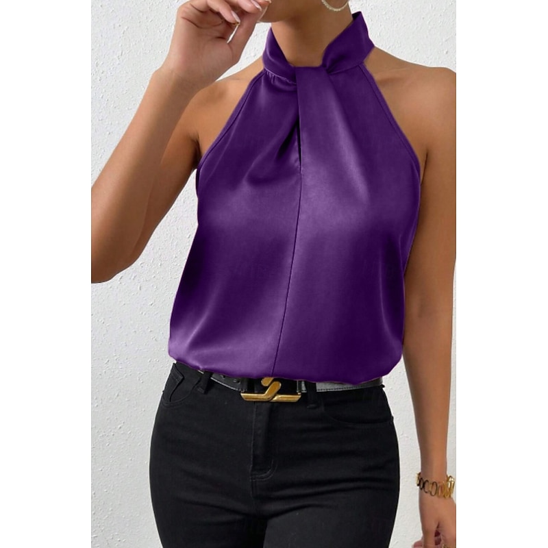 Women's Blouse Satin Plain Stylish Modern Sleeveless High Neck Regular Tops Daily Holiday Going out Ruched Black White Camel Purple Summer4