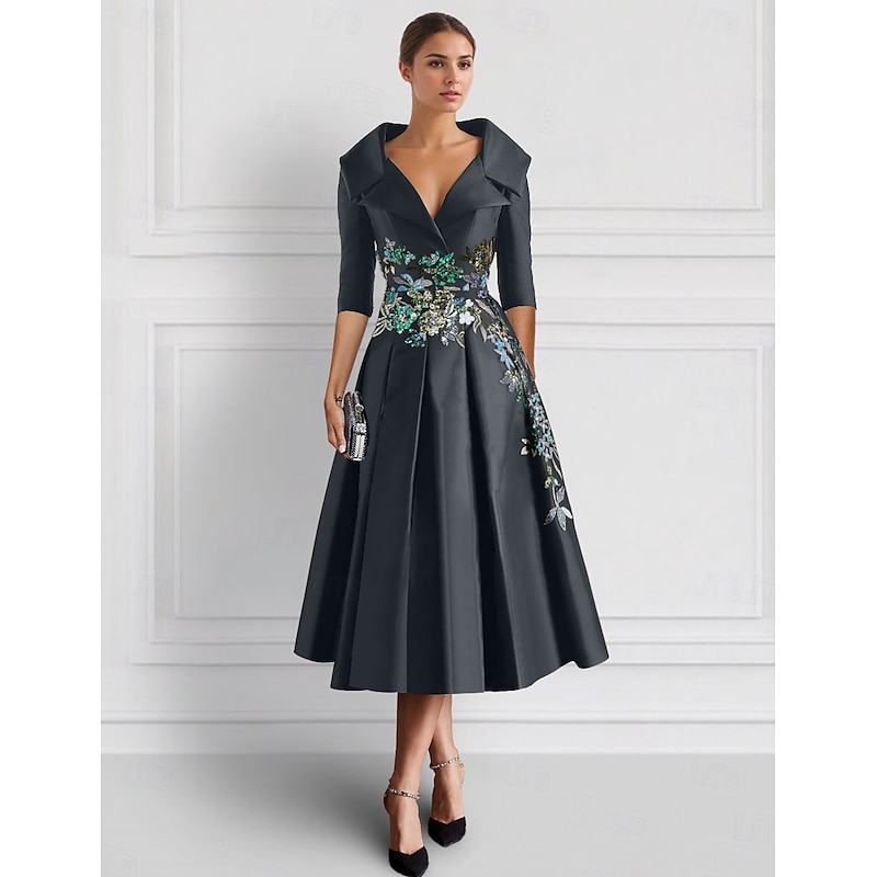 Embroidered A-Line Cocktail Formal Dress Elegant High Split Shirt Collar Ankle Length Satin 3/4 Length Sleeve with2