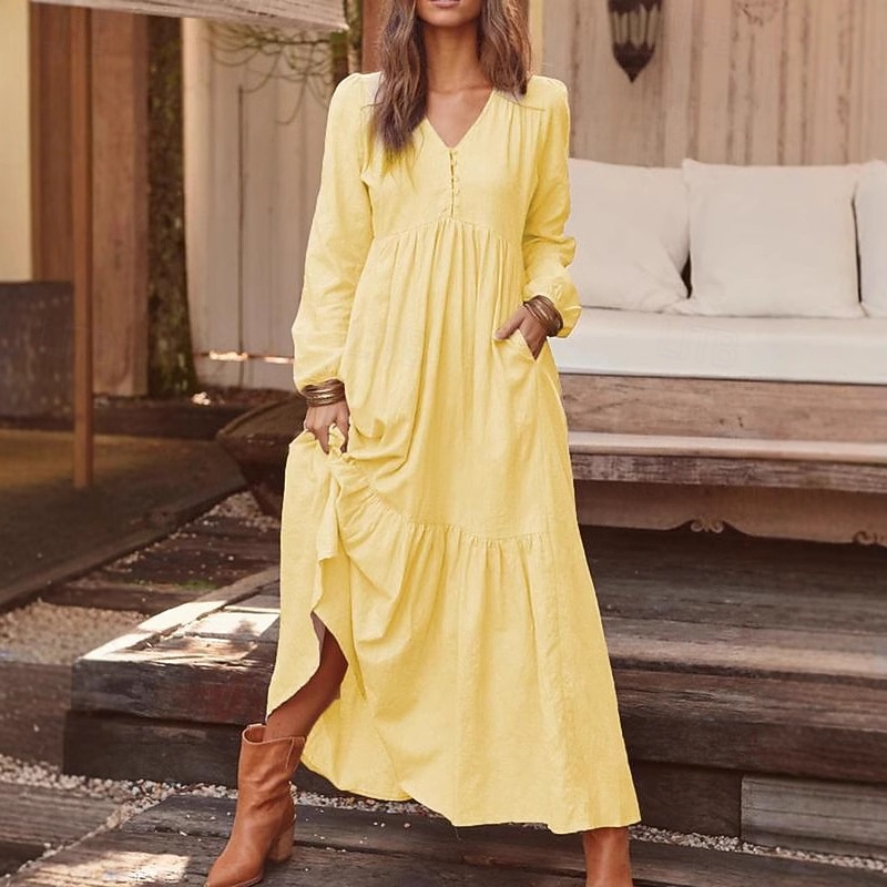 Women's Midi Dress Linen-Inspired Dresses Cotton Linen Dress Fashion Basic Modern Outdoor Daily Holiday Regular Fit Plain Long Sleeve V Neck Light Yellow Black Wine Navy Blue Summer3