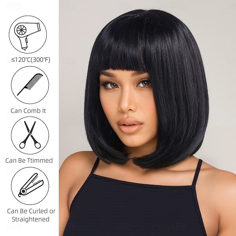Synthetic Wig Straight Yaki Straight Asymmetrical Neat Bang Machine Made Wig 14 inch A1 Synthetic Hair Women's Party Classic Comfortable Black3
