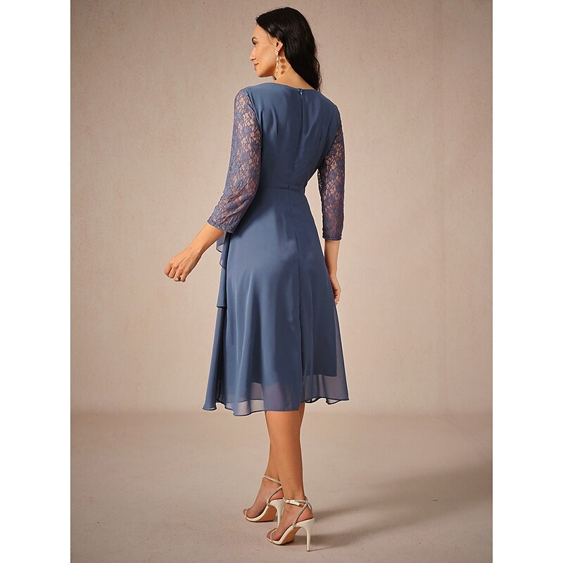 Women's Tea Length Lace Dress Party Dress Cocktail Dress Wedding Guest Dress Elegant Party Vacation Wedding Guest Cocktail Party Regular Fit Solid Color 3/4 Length Sleeve Crew Neck Dusty Blue Spring2