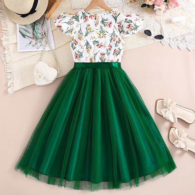Kids Girls' Dress Floral Dress Flower Sleeveless Outdoor Casual Ruffle Fashion Daily Polyester Knee-length Casual Dress A Line Dress Summer 4 years+ Red Green3