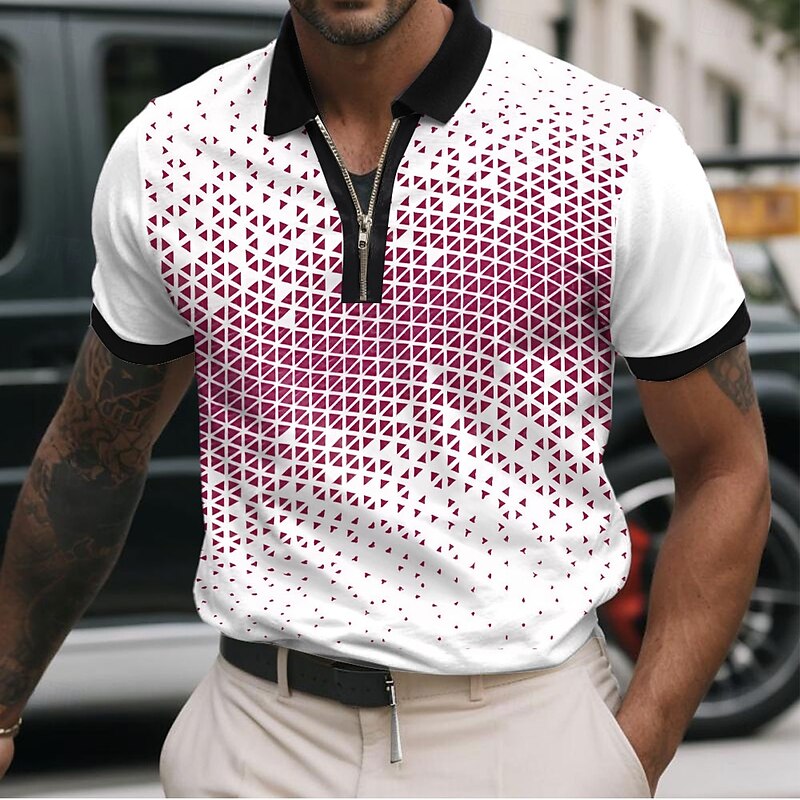 Men's Geometic Zip Polo Shirts Short Sleeve Polo Shirts Collared Shirts Business Casual Business Athleisure Wear to work Daily Wear 3D Print Summer Black White Red3