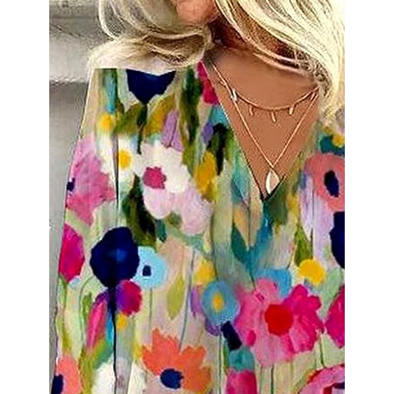 Women's Blouse Button Down Floral Graphic Stylish Beach Short Sleeve V Neck Regular Tops Daily Print Rainbow Summer Spring2