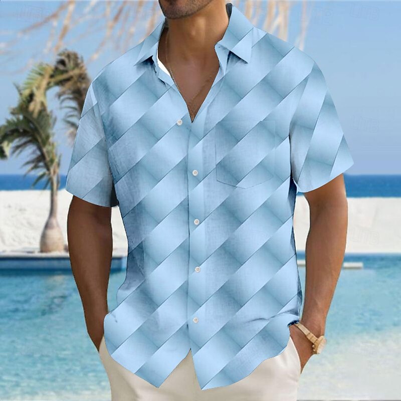 Men's Geometric Grid / Plaid Shirt Button Up Shirt Short Sleeve Fashion Casual Vacation Holiday Streetwear Summer Turndown 3D Print Collared Shirts Front One Pocket Yellow Pink Blue Gray2