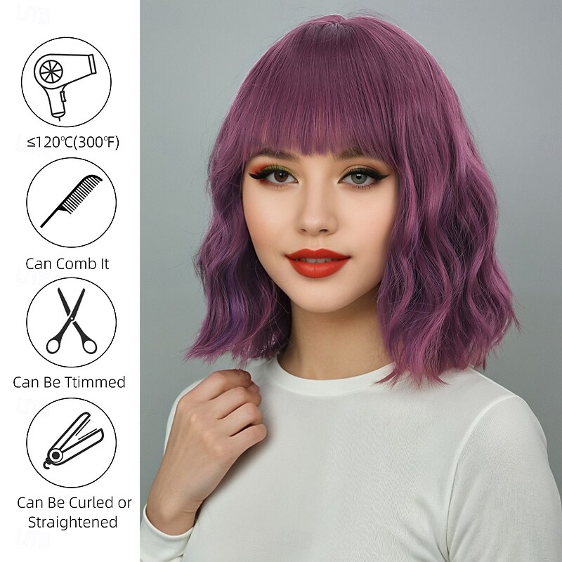 Synthetic Wig Wavy Curly Weave Asymmetrical Neat Bang Machine Made Wig 14 inch A1 Synthetic Hair Women's Classic Comfortable Color Gradient Multi-color3