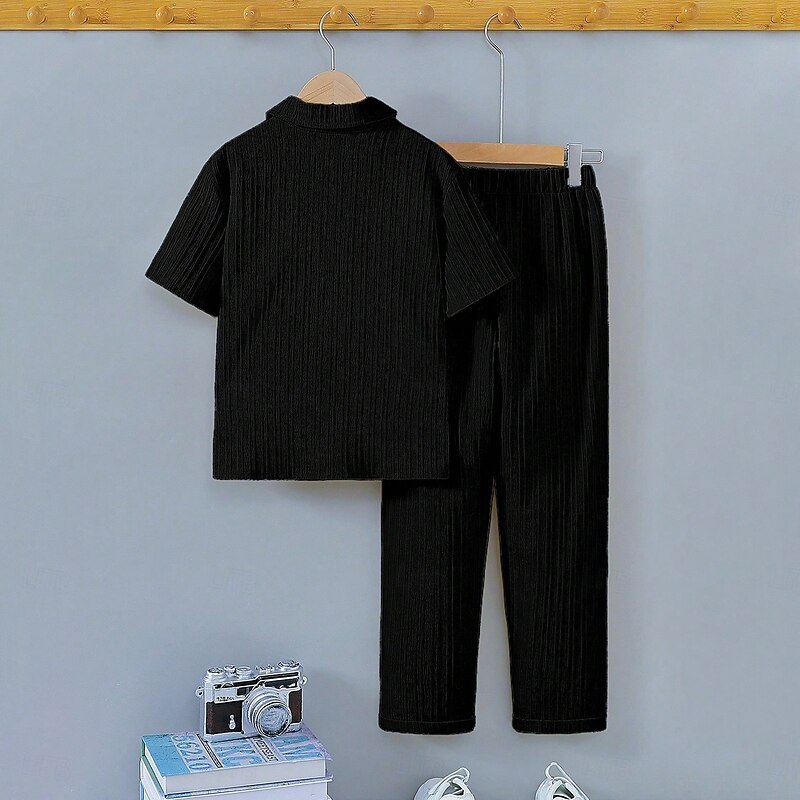 2 Pieces Kids Boys Clothing Set Outfit Solid Color Short Sleeve Set School Fashion Daily Summer 7-13 Years Black2