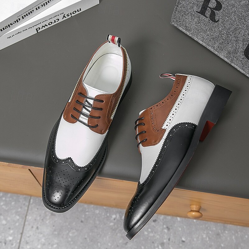 Men's Brown and White Oxford Dress Shoes with Wingtip Design, Classic Two-Tone Faux Leather Shoes for Business, Weddings and Gatsby-Themed Parties3