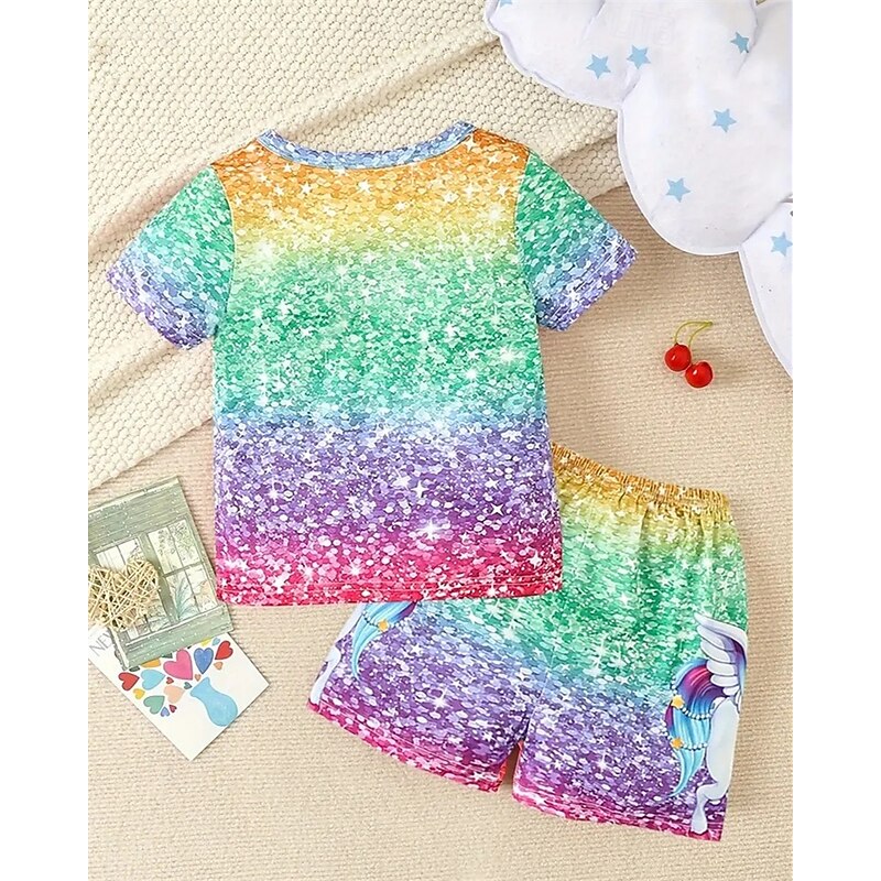 Girls' 3D Unicorn T-shirt & Shorts Set Short Sleeve Summer Spring Sports Fashion Daily Kids 4-12 Years Crew Neck Outdoor Vacation Sports Tailored Fit2