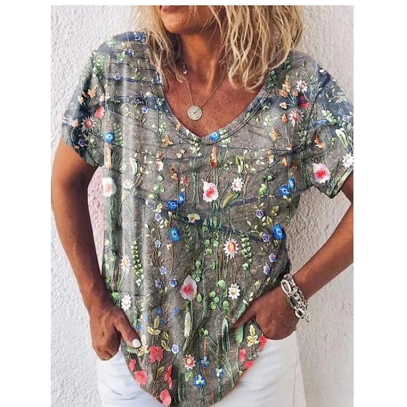 Women's T Shirt Floral Fashion Modern Long Sleeve V Neck Regular Tops Daily Print Royal Blue Blue Dusty Blue Purple Fuchsia Summer