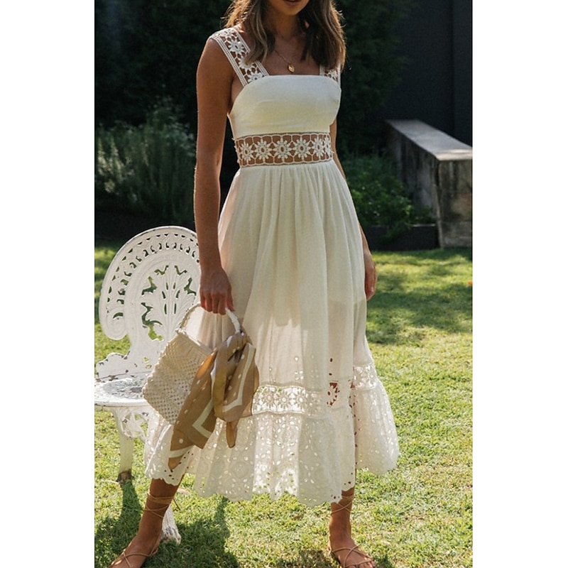 Women's Midi Dress White Dress Graduation Dress Elegant Fashion Modern Vacation Birthday Going out Regular Fit Plain Sleeveless U Neck White Summer3