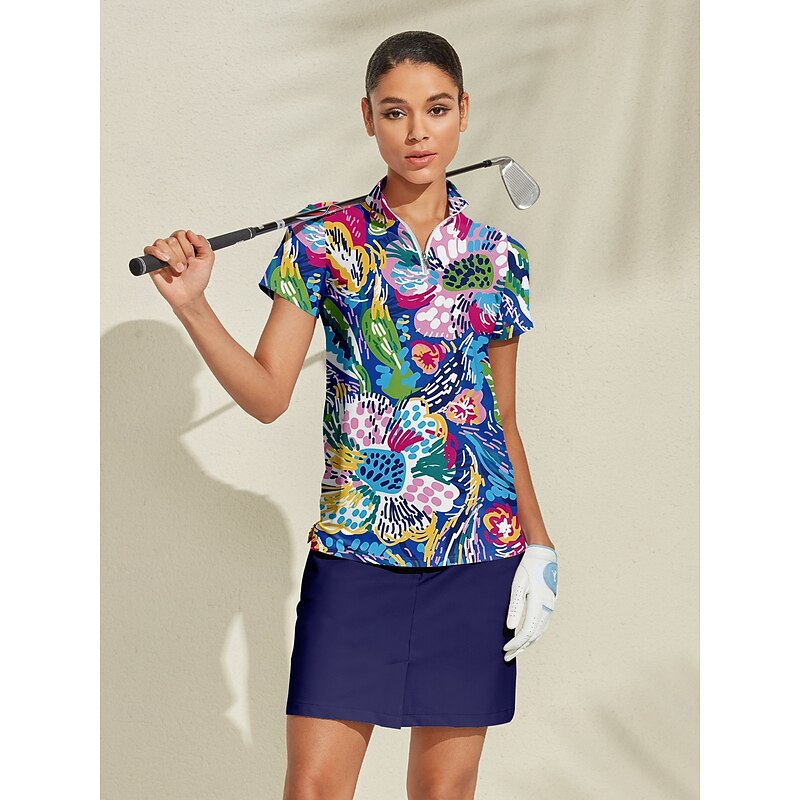 Women's Golf Polo Shirt Dark Blue Short Sleeve Top Ladies Golf Attire Clothes Outfits Wear Apparel