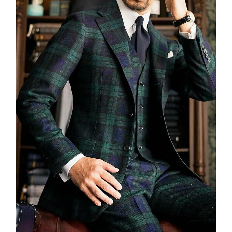 Men's Wedding Party Suits Notch Notch Lapel Dark Green Plaid Checkered Tailored Fit 3 Piece Single Breasted Two-buttons