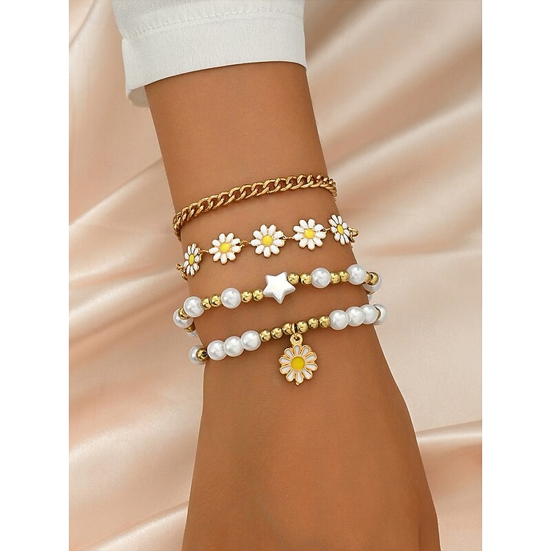 "Boho Daisy Pearl Bracelet Set for Women – Gold Chain & Beaded Layered Bracelets, Cute Floral Jewelry for Summer, Beach, Festivals and Casual Wear"3