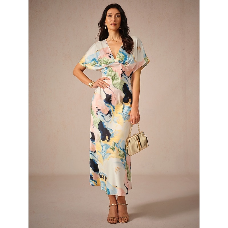 Women's Wedding Guest Dress Elegant Tie Dye Maxi Dress Short Sleeve V Neck Print Loose Fit Daily White Blue Purple Summer Dress