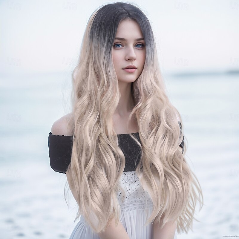 Synthetic Wig Water Wave Curly Weave Layered Haircut With Bangs Machine Made Wig 28 inch A1 Synthetic Hair Women's Classic Comfortable Color Gradient Dark Gray Multi-color4