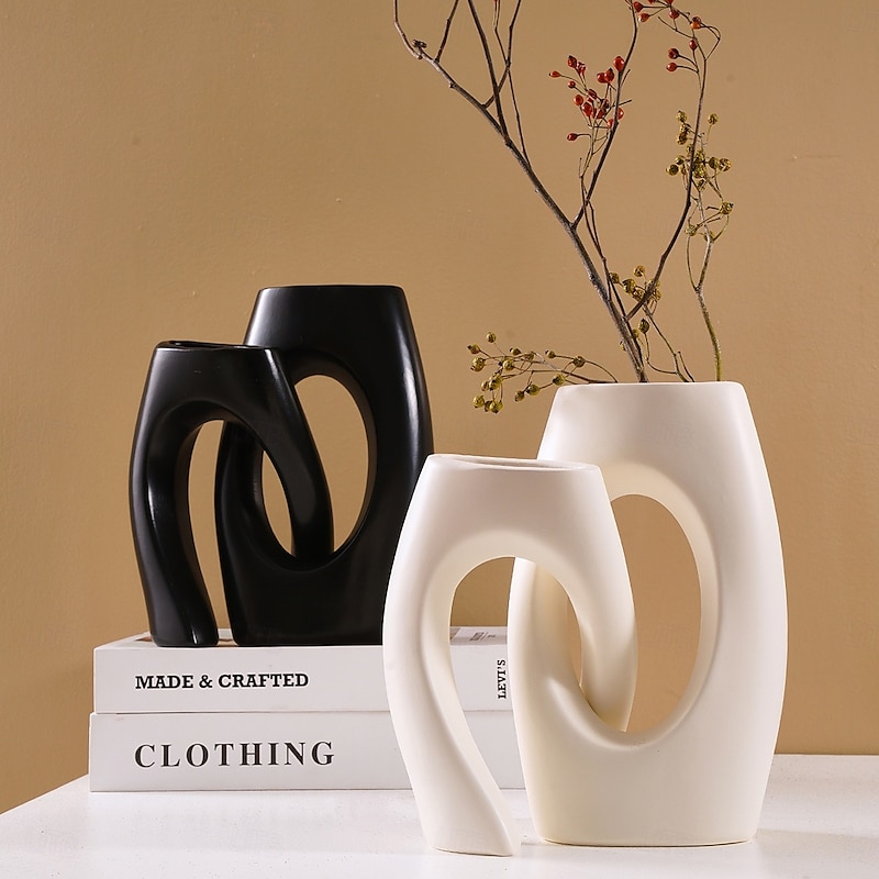 Abstract Couple Vase Set – Black, White, Beige Resin Cross-Shape Vases, Minimalist Table Centerpiece for Wedding, Party, Floral Arrangements, Dinner D