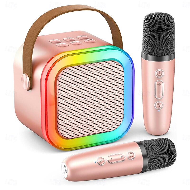 Mini Karaoke Machine Portable Bluetooth Mini Karaoke Microphone Singing Speaker with 2 Wireless Mic and Light  for All Smartphones
