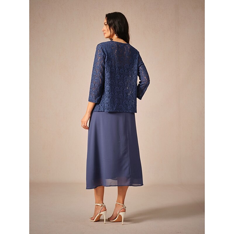 Women's Tea Length A Line Dress Dress With Jacket Elegant Semi Formal Wedding Guest Regular Fit Solid Color 3/4 Length Sleeve Square Neck Navy Blue Summer Spring Fall2