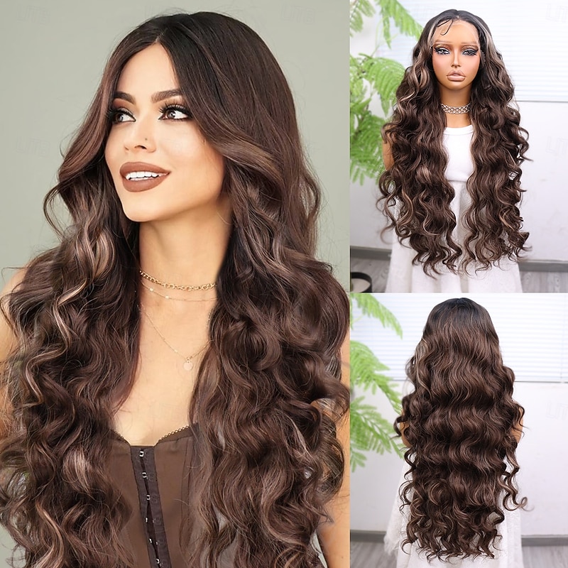 Synthetic Lace Wig Body Wave Style 30 inch Mixed Color Middle Part 13x4 Lace Front Wig Women's Wig Dark Brown / Light Brown
