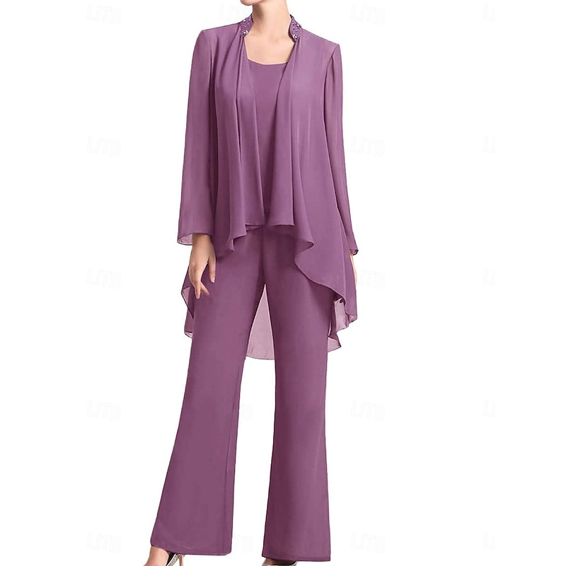 Pantsuit Mother of the Bride Dress Wedding Guest Elegant Simple Jewel Neck Floor Length Chiffon Long Sleeve with Solid Color 7