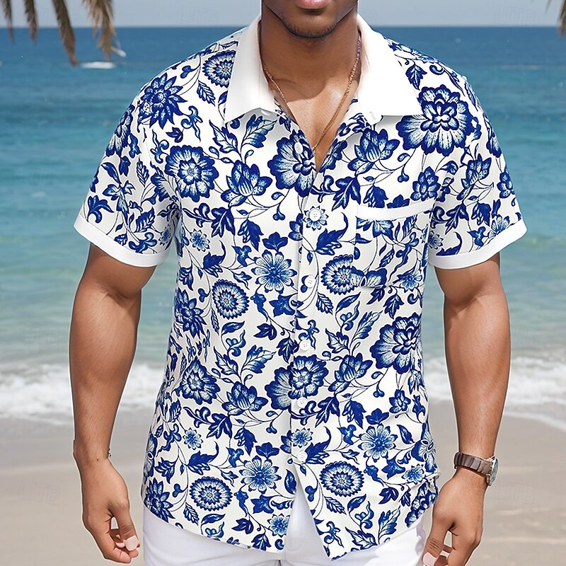 Men's Floral Print Flowers Shirt Summer Hawaiian Shirt Button Up Shirt Short Sleeve Hawaiian Resort Vacation Sports Outdoor Beach Wear Summer Spring Turndown Collared Shirts Front One Pocket Blue