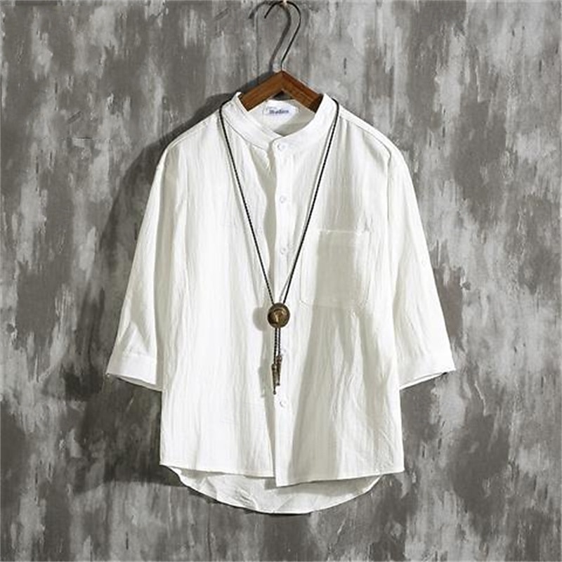 Men's Shirt Linen Shirt Casual Shirt Button Up Shirt Cotton Shirt Plain Vacation Hawaiian Black White Green 3/4 Length Sleeve Band Collar Summer Clothing Apparel Pocket