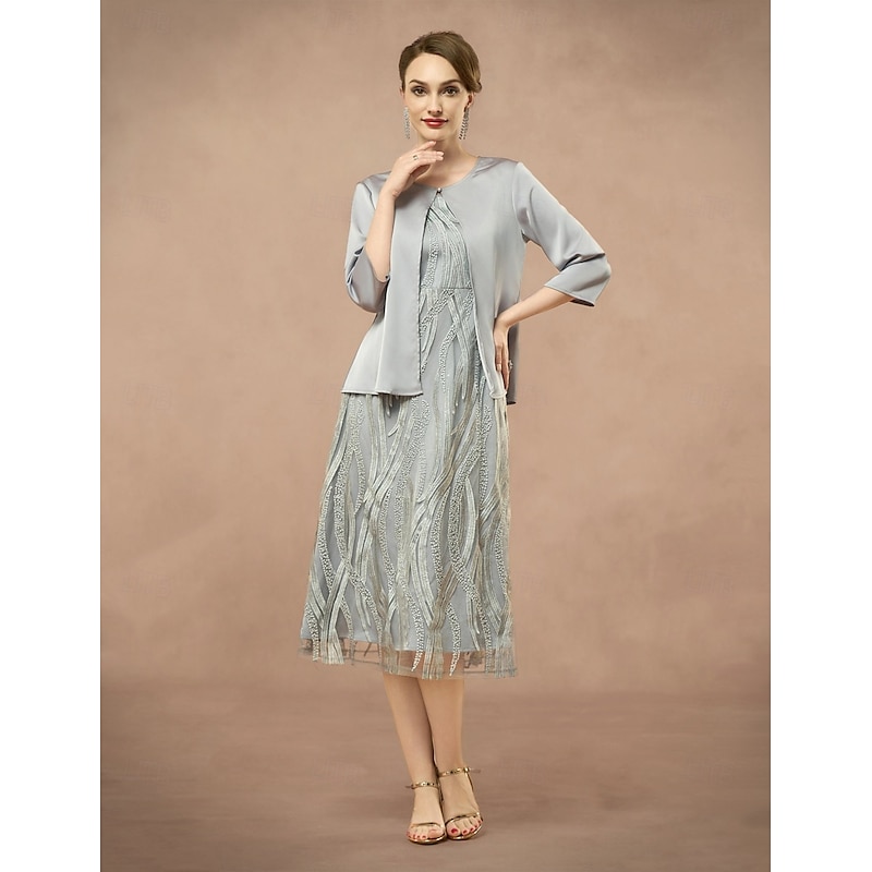 A-Line Mother of the Bride Dress Two Pieces Elegant Jewel Neck Tea Length Lace 3/4 Length Sleeve with Embroidered Lace Applique 20254