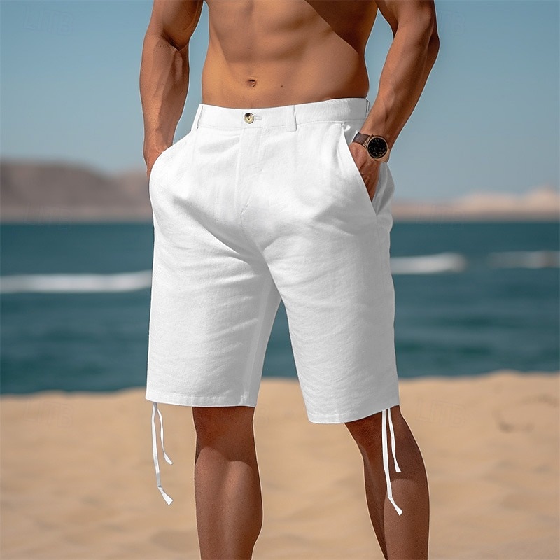 Men's Shorts Linen Shorts Summer Shorts Beach Shorts Pocket Leg Drawstring Straight Leg Plain Comfort Breathable Knee Length Casual Daily Holiday Vacation Fashion White Navy Blue2