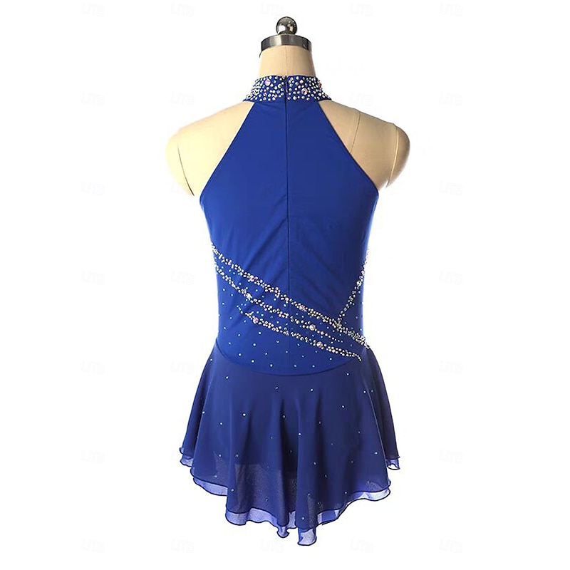 Figure Skating Dress Women's Girls' Ice Skating Dress Royal Blue Open Back Asymmetric Hem Mesh Spandex Stretchy Training Practice Professional Skating Wear Thermal Warm Crystal / Rhinestone Sleeveless2