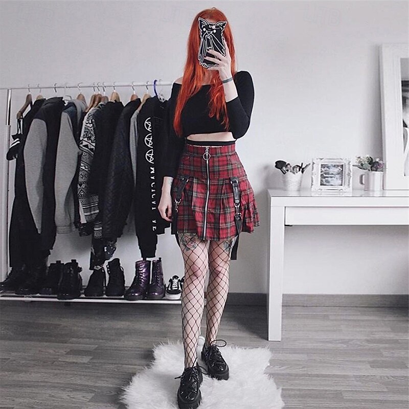 Retro Vintage Punk & Gothic 1980s Mini Skirt Pop Star Rocker High Waist Check Fancy Dress Women's Halloween Carnival Party Adults' Skirt Spring & Summer4