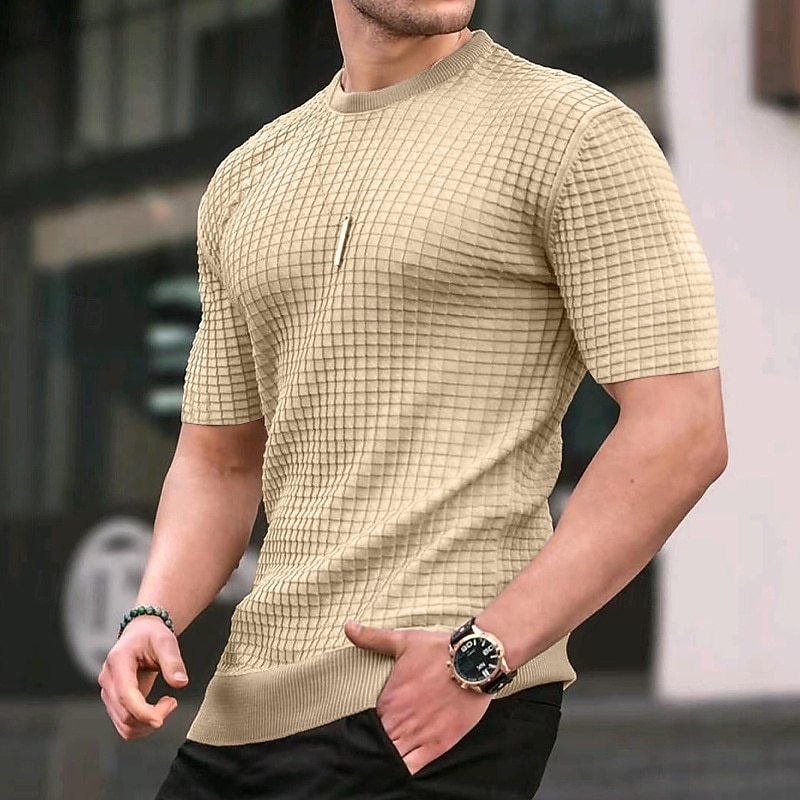 Men's T Shirt Tee Waffle Knit Tee Short Sleeve Shirt Short Sleeve Crew Neck Summer Plain Fashion Designer Basic Jacquard Vacation Street Going out Black White khaki Top Tee for Men