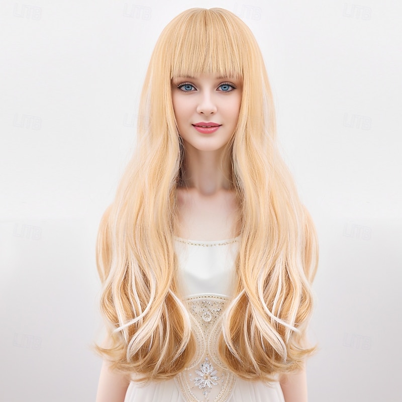 Synthetic Wig Wavy Curly Weave Layered Haircut Neat Bang Machine Made Wig 22 inch A1 Synthetic Hair Women's Classic Comfortable Color Gradient Multi-color4