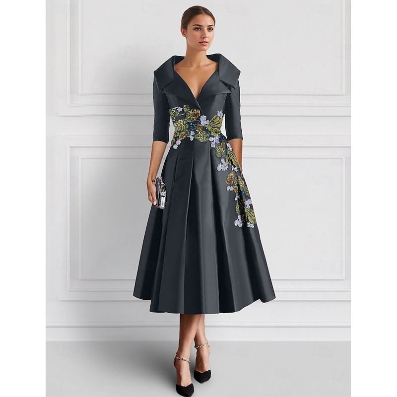 Embroidered Leaf Floral Lace A-Line Cocktail Formal Wedding Guest Dress Elegant Vintage Shirt Collar Tea Length Satin Half Sleeve