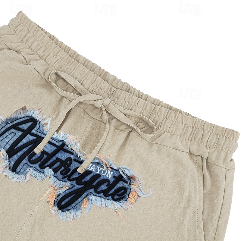 Men's Shorts Linen Shorts Summer Shorts Beach Shorts Embroidered Drawstring Elastic Waist Plain Comfort Breathable Knee Length Outdoor Daily Beach Fashion Hip-Hop Black White3